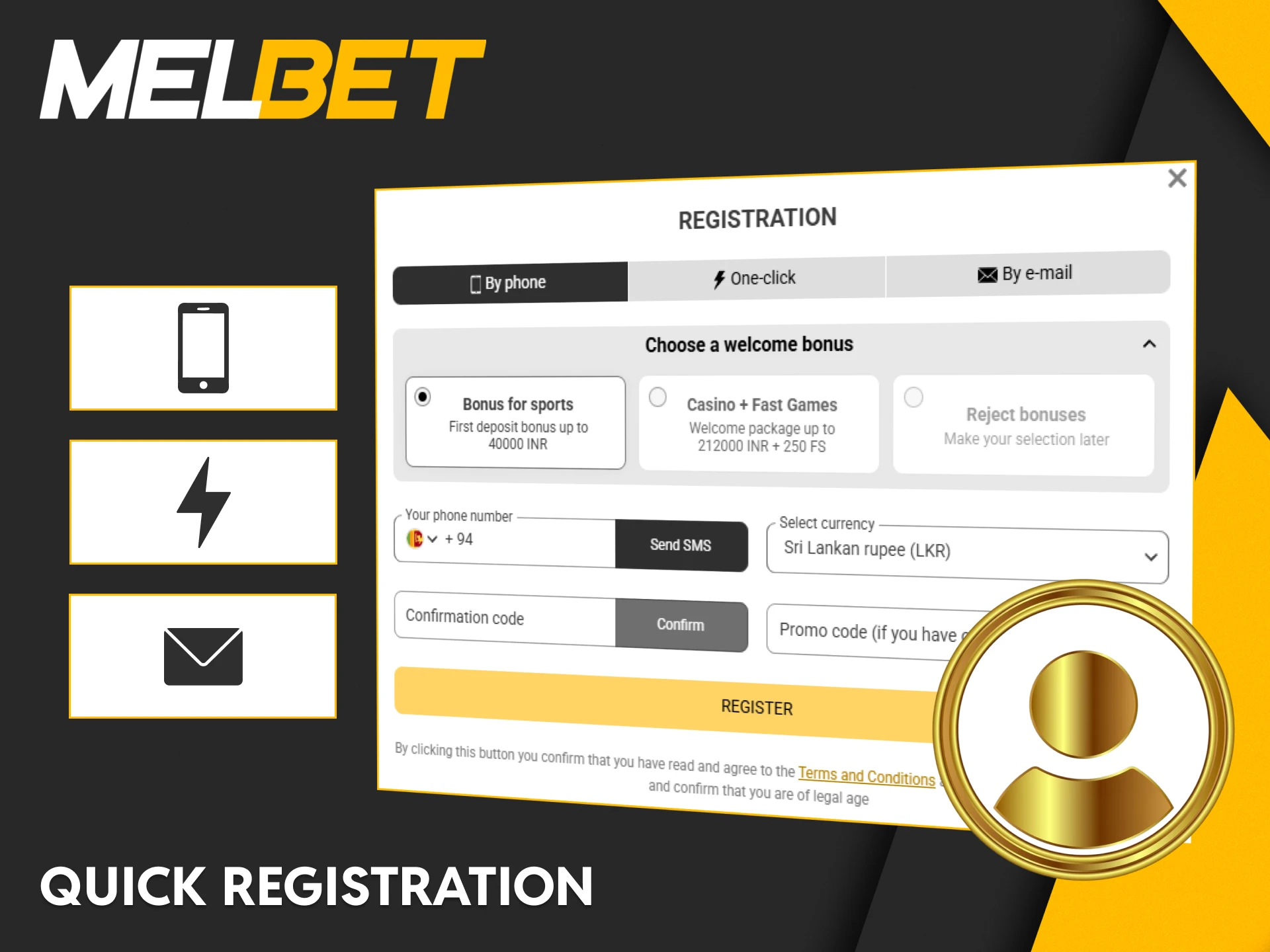 Melbet Sri Lanka quick registration form on the website or mobile app.